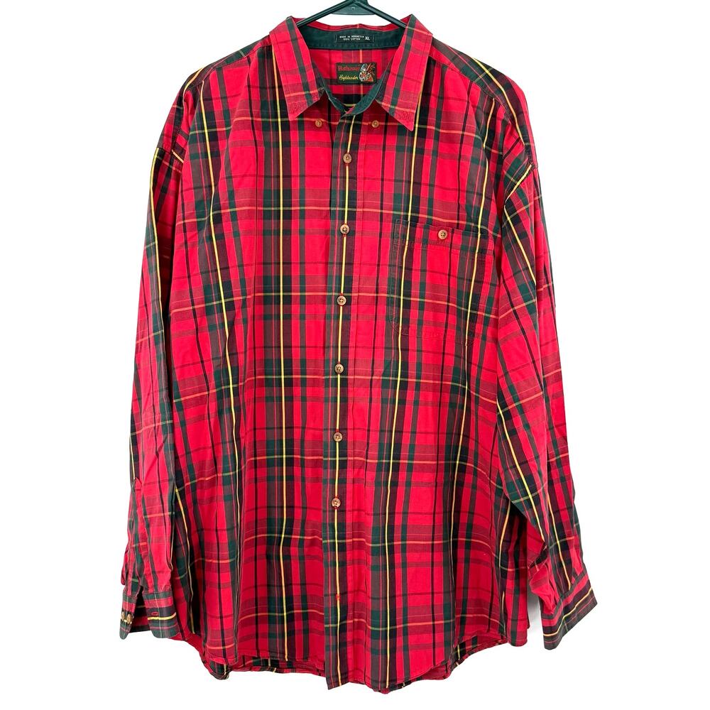 Hathaway Highlander Size XL Plaid Long Sleeve Button Down Shirt Red Yellow Green
